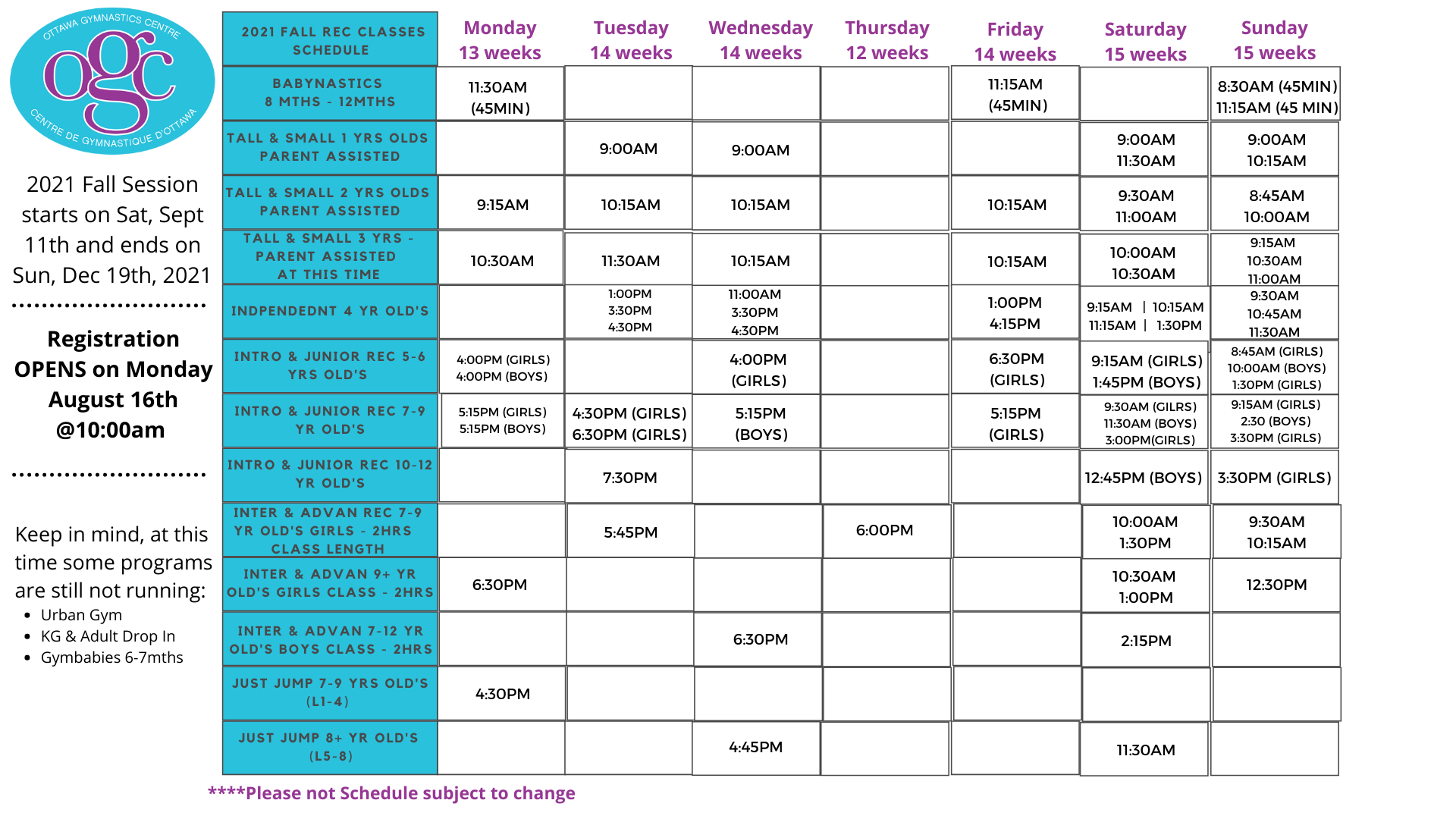 Recreational Schedule :: Ottawa Gymnastics Centre